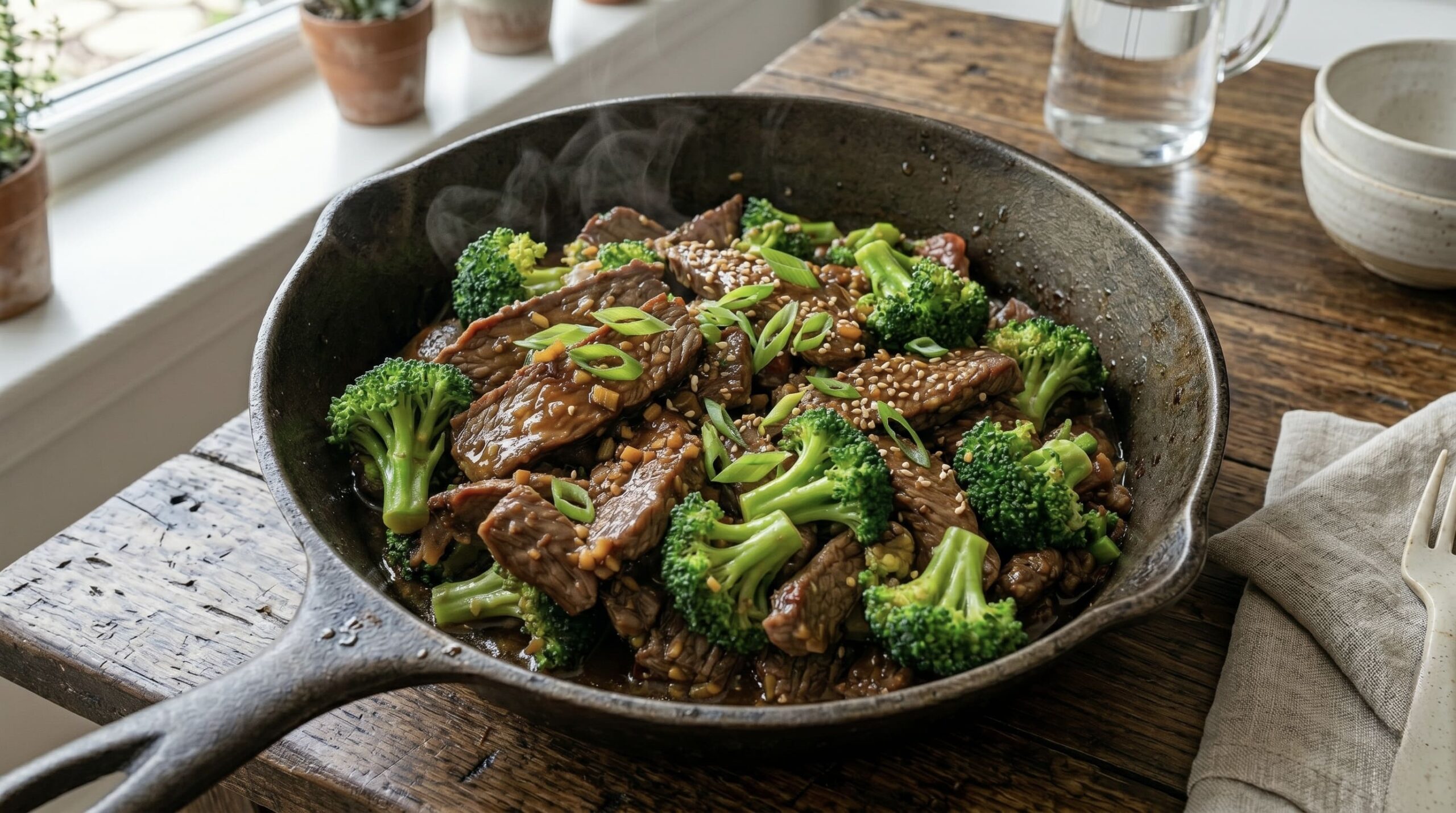 High-protein beef and broccoli stir-fry inside a cast-iron skillet, healthy clean eating meal prep