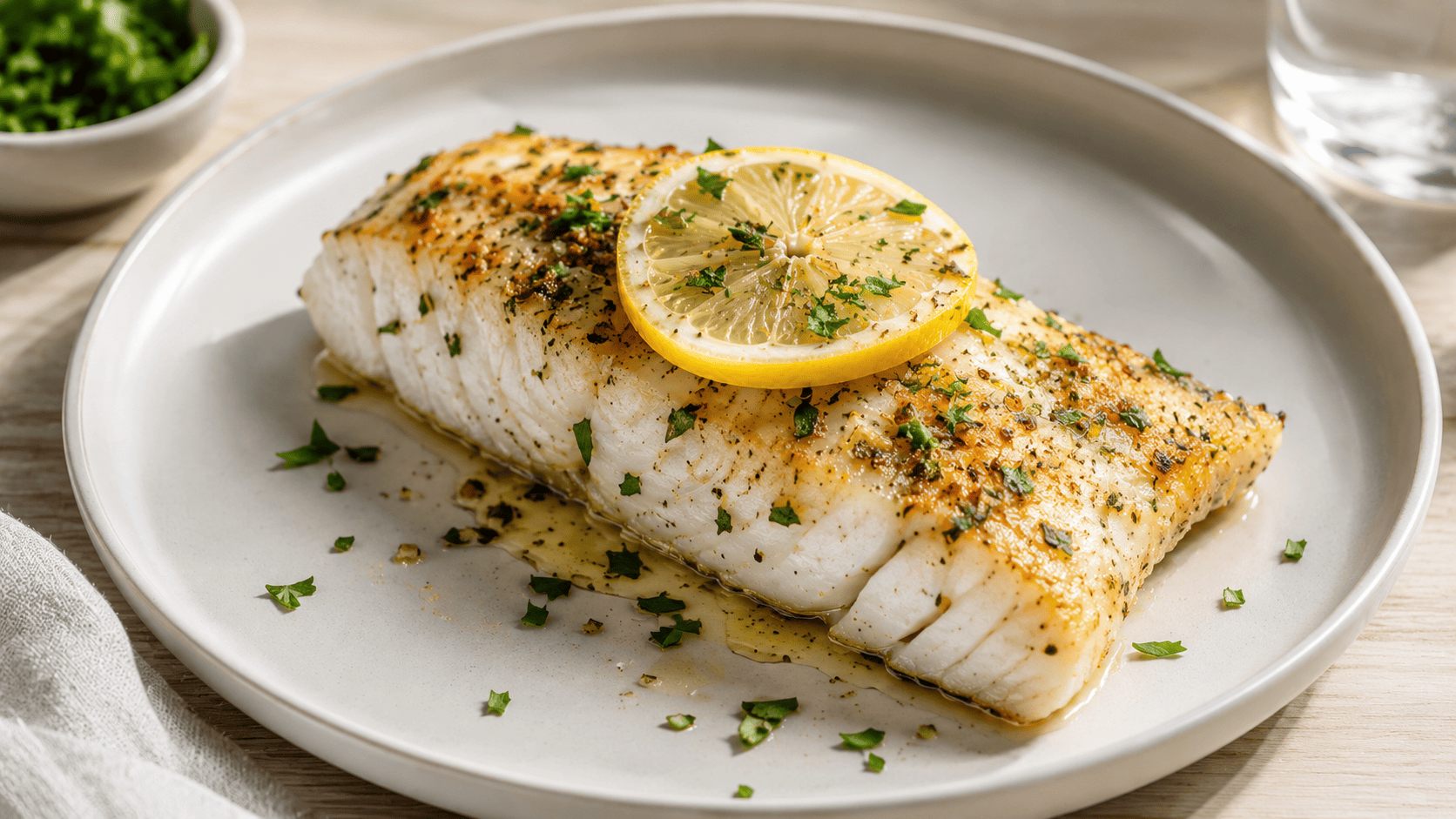 Lemon herb baked cod fish fillet, healthy low-calorie high-protein meal prep.