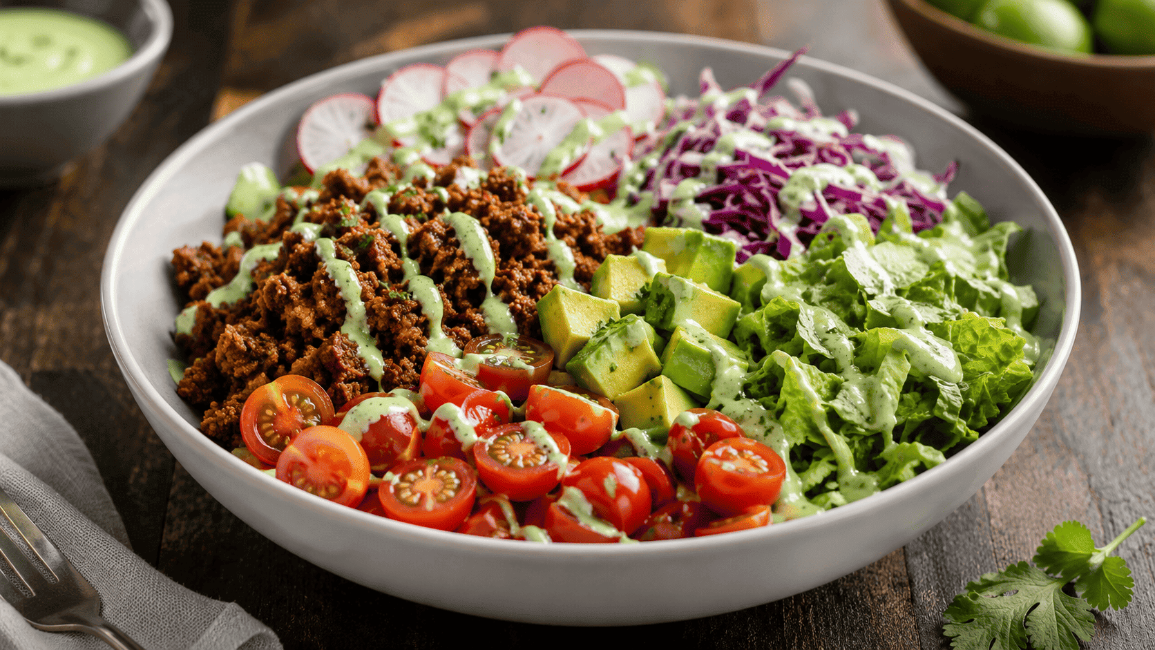 High-protein restaurant style taco salad with lean beef, fresh avocado, and cilantro lime dressing.