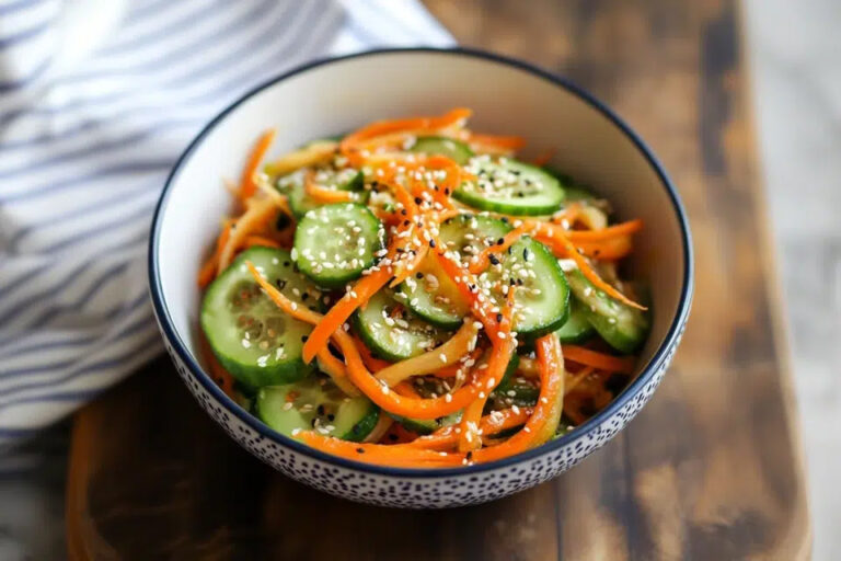 Asian cucumber salad with shredded carrots and sesame seeds served in a ceramic bowl, healthy low-calorie side dish.