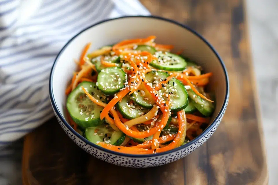 Asian cucumber salad with shredded carrots and sesame seeds served in a ceramic bowl.