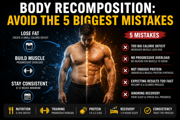 Body recomposition infographic showing the 5 biggest mistakes when trying to build muscle and lose fat.