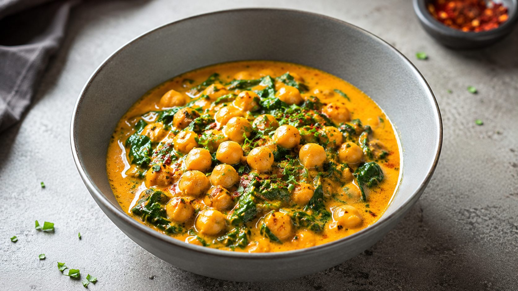 High-protein chickpea coconut curry with spinach served inside a grey ceramic bowl, healthy plant-based vegan meal prep.