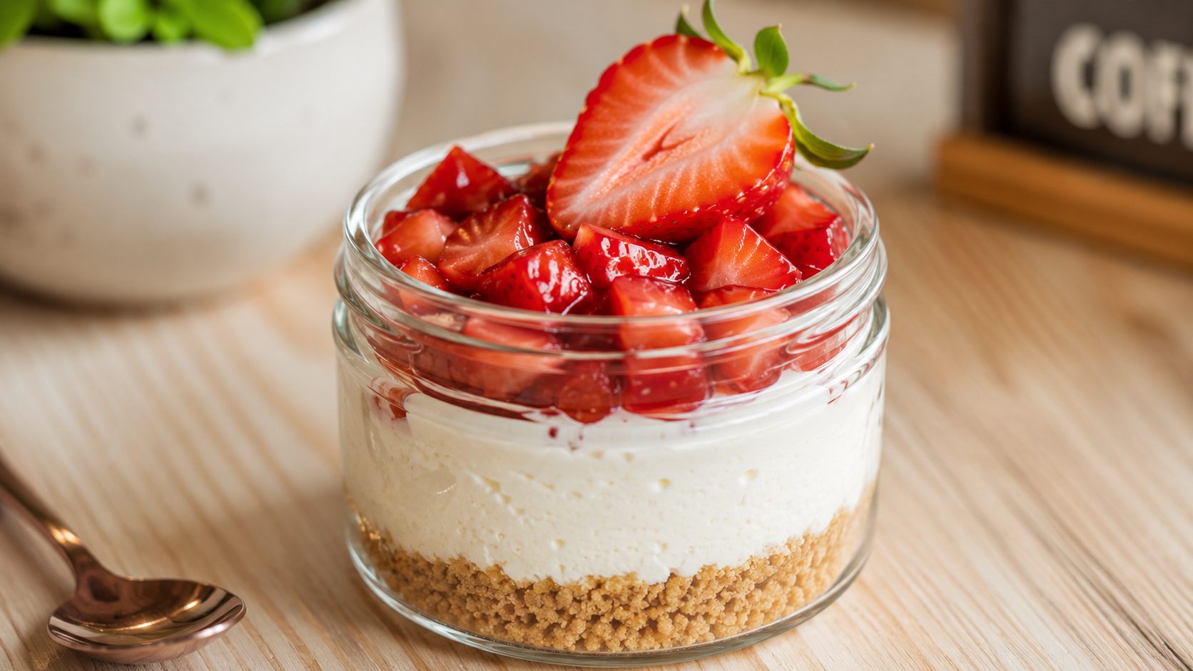 High-protein strawberry cheesecake layered in a glass jar with fresh strawberries, healthy no-bake dessert meal prep.