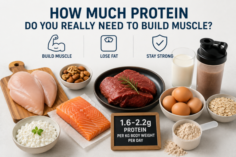 How much protein do you need to build muscle? High-protein foods including chicken, salmon, beef, eggs and protein powder.