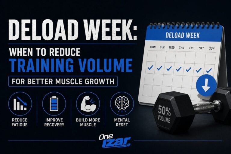 Deload week infographic showing reduced training volume, recovery, and muscle growth