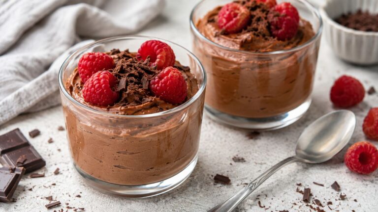High-protein chocolate mousse topped with raspberries and dark chocolate shavings in glass dessert cups.