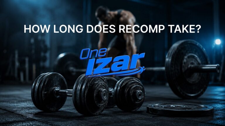 Dark moody gym scene with dumbbells and barbell on the floor, representing body recomposition training